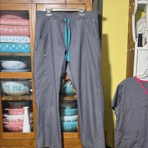 Figs Women's Gray Cargo Scrub Pants with Teal Drawstring